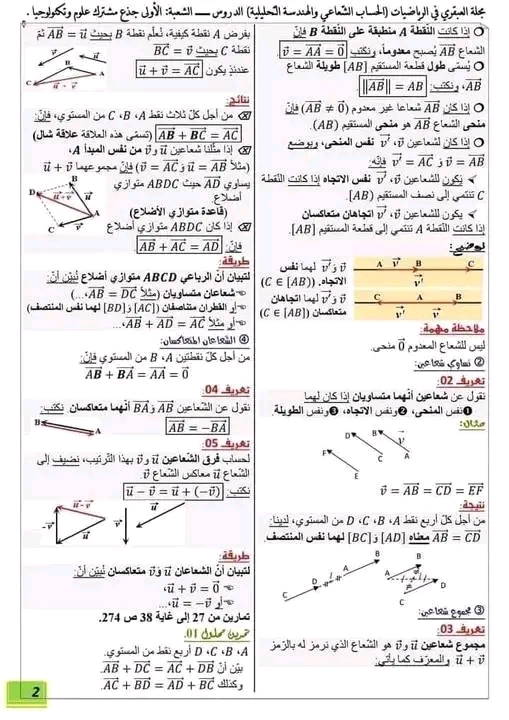 ملخص درس الاشعة اولى ثانوي علمي مع تمارين مرفقة بالحل فصل الثاني  قوانين الاشعة في الرياضيات 1 ثانوي الاشعة 1 ثانوي  تمارين حول الاشعة في معلم اولى ثانوي علوم