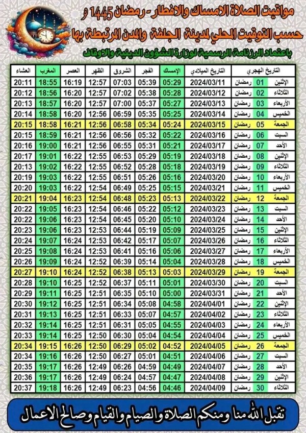 مواقيت الامساك في ولاية الجلفة وضواحيها  رمضان 2024