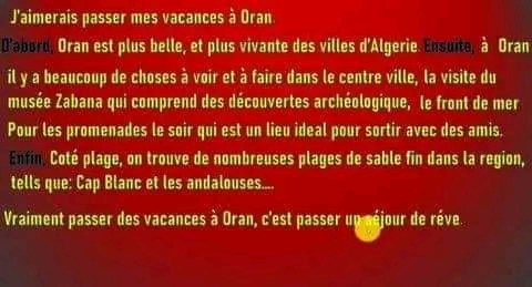 تعبير كتابي عن وصف مدينة وهران بالفرنسية