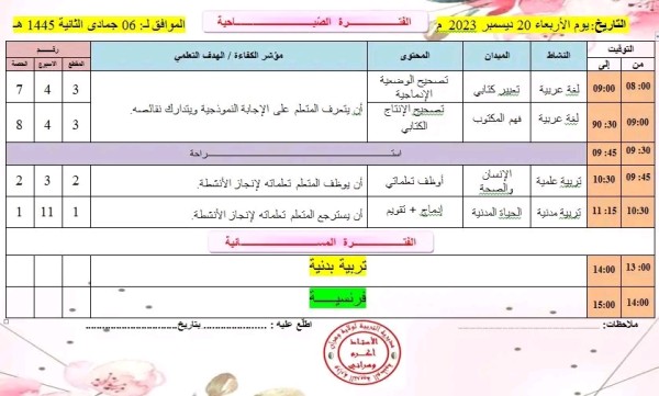 الدفتراليومي للسنة الخامسة الأسبوع 13 الفترة من 17 لغاية 21 ديسمبر 2023   إدماج المقطع يوم الأربعاء 20 ديسمبر 2023