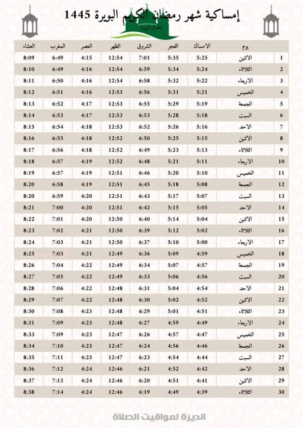 مواقيت الإمساك في ولاية مدينة البويرة رمضان 2024 مواقيت الامساك بالبويرة