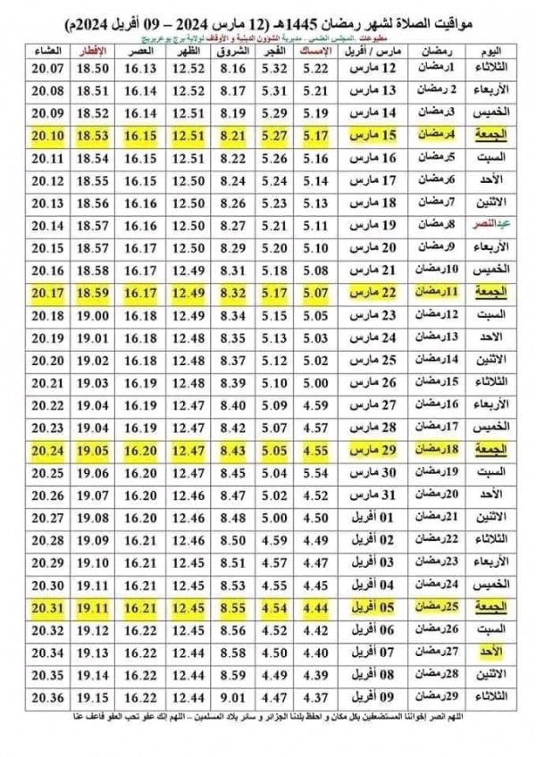 مواقيت الإمساك في  برج بوعريريج رمضان 2024 الجزائر