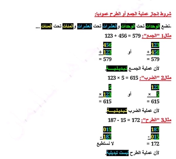 شرح درس جمع وطرح وضرب أعداد طبيعية سنة أولى متوسط     ملخص تحضير الدرس الأول في مادة الرياضيات للسنة أولى متوسط:        جمع وطرح وضرب أعداد طبيعية 1 متوسط  شروط عملية إنجاز عملية الجمع والطرح عموديا