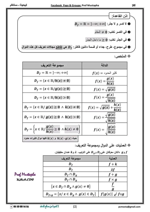 ملخص درس مجموعة التعريف D رياضيات للسنة ثانية ثانوي