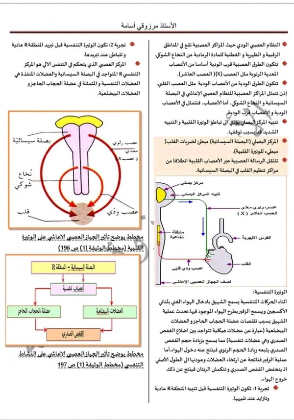 ملخص مرفق بتمارينات لمقطع الذي يخص :تأثير الجهد على الوتيرة القلبية  الحركة الذاتية للقلب، الجهاز الاعاشي بنية العصب سنة أولى ثانوي