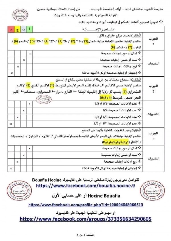 نماذج امتحان تقييم المكتسبات في مادة الجغرافيا للسنة الخامسة ابتدائي 2023 2024 مع الحلول