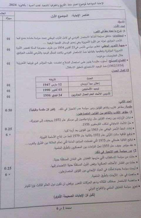 التصحيح الوزاري لمادة التاريخ والجغرافيا بكالوريا 2024 شعبة لغات أجنبية