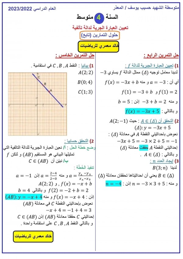 سلسلة تمارين رياضيات الرابعة 4 متوسط الدالة التآلفية مع الحل حول تعيين العبارة الجبرية