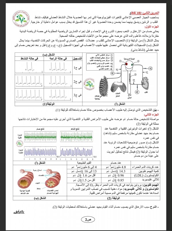 نموذج اختبار  ملخص مرفق بتمارينات لمقطع الذي يخص :تأثير الجهد على الوتيرة القلبية، الحركة الذاتية للقلب، الجهاز الاعاشي ،بنية العصب علوم طبيعية أولى ثانوي