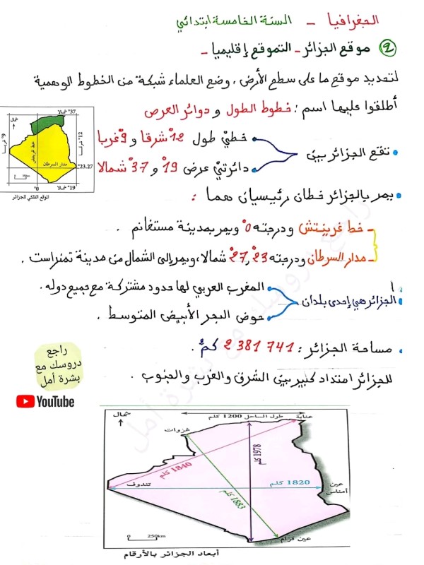 ملخص درس التموقع إقليمياً جغرافيا السنة الخامسة إبتدائي موقع الجزائر