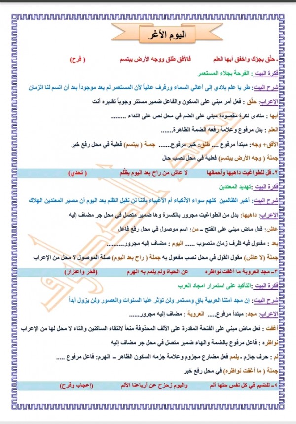 شرح وإعراب قصيدة اليوم الأغر للصف التاسع لغة عربية