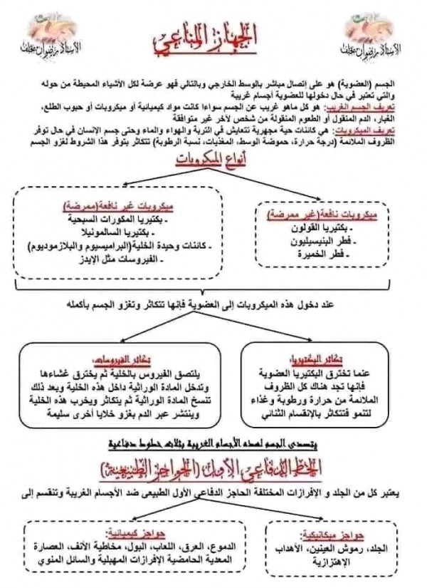 ملخص الاستجابة المناعية : الخط الدفاعي الأول الحواجز الطبيعية-الخط الدفاعي الثاني التفاعل الالتهابي والبلعمة علوم طبيعية السنة الرابعة متوسط