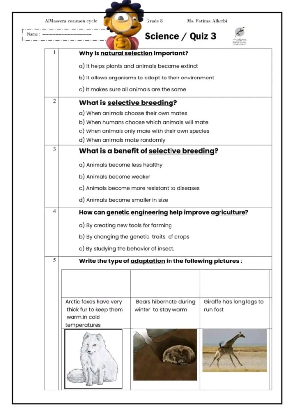 ورقة عمل Quiz 3 لمادة العلوم المتكاملة الصف الثامن الفصل الأول المنهاج الإماراتي