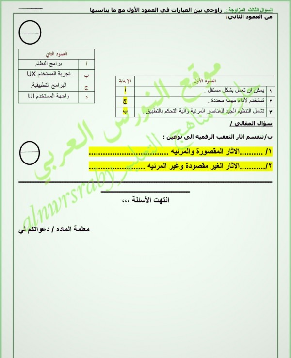 حل اختبار تقنيه رقميه ۳ (نظري ) - الصف ثالث ثانوي مسارات الفصل الدراسي الاول ١٤٤٤ - ٥١٤٤٥ الدور الأول