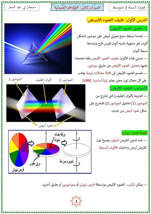 ملخص درس طيف الضوء الأبيض 3 متوسط ملخص دروس المقطع الأخير في مادة الفيزياء ثالثة متوسط الفصل الثالث