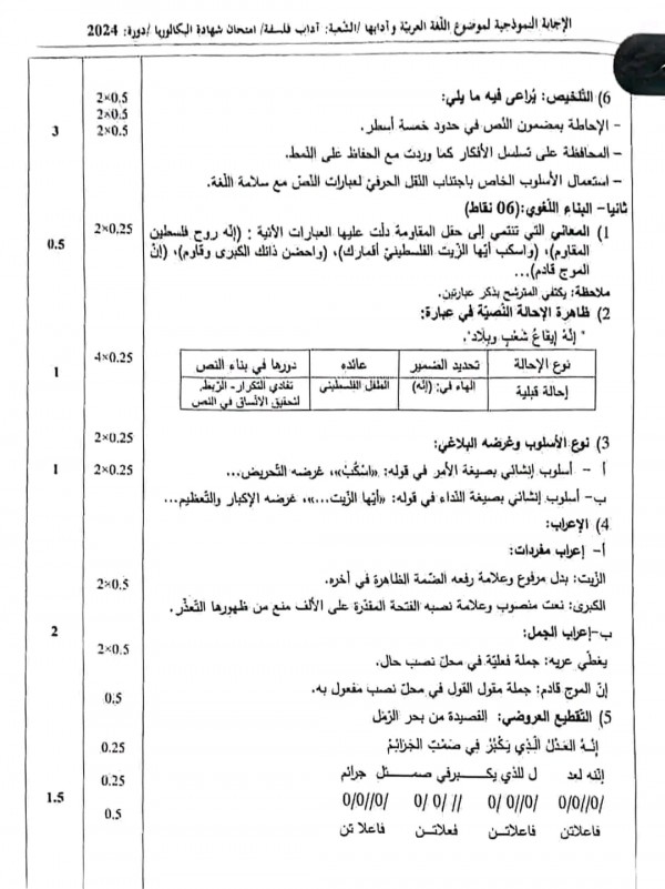 التصحيح الوزاري لمادة اللغة العربية شعبة آداب وفلسفة  بكالوريا 2024