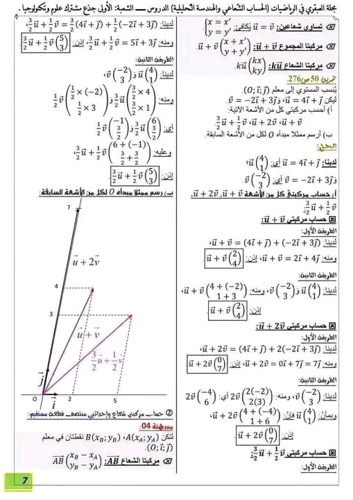 ملخص درس الاشعة اولى ثانوي علمي مع تمارين مرفقة بالحل فصل الثاني  قوانين الاشعة في الرياضيات 1 ثانوي الاشعة 1 ثانوي pdf