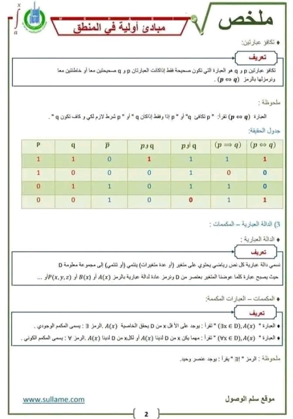 ملخص درس مبادئ في المنطق. درس مبادئ في المنطق أولى باك مبادئ أولية المنطق رياضيات