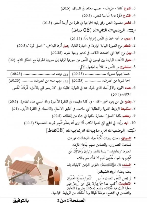 نموذج اختبارات السنة الرابعة 4 متوسط في اللغة العربية الفصل الثاني مع الحلول 2023